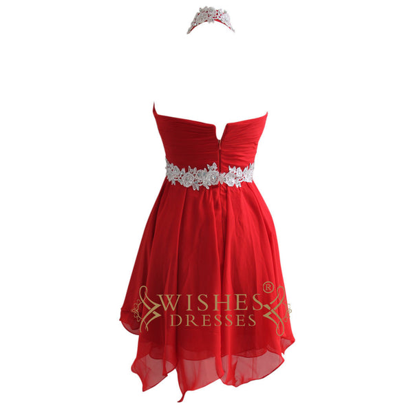 A-line Lace Halter Red Chiffon Short Prom Dress Am127