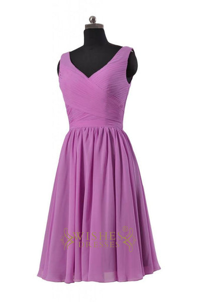 A-line V-neck Blue Chiffon Knee Length Bridesmaid Dresses Am232