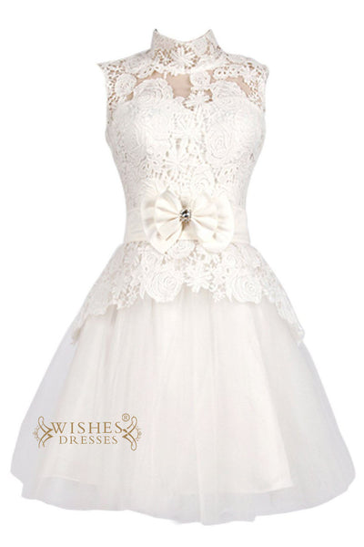 Demure Short Wedding Dress/ Lace Reception Dress/ High Neckline Cockta