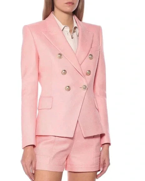 Balmain Womens Barbie Pink Double Breasted Blazer w Gold Buttons