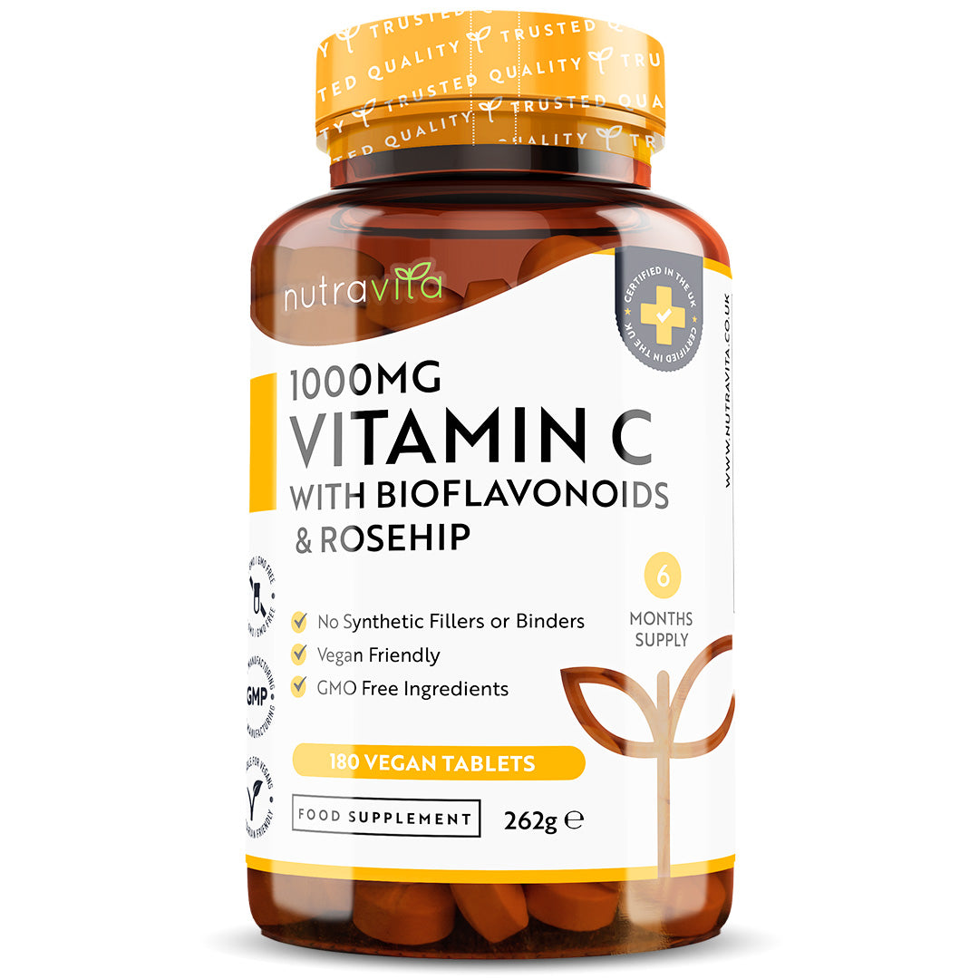 Vitamin C 1000mg With Bioflavonoids Rosehip 180 Vegan Tablets Nutravita