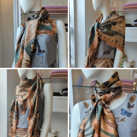 Image is a collage of four different ways of folding and styling a large silk scarf