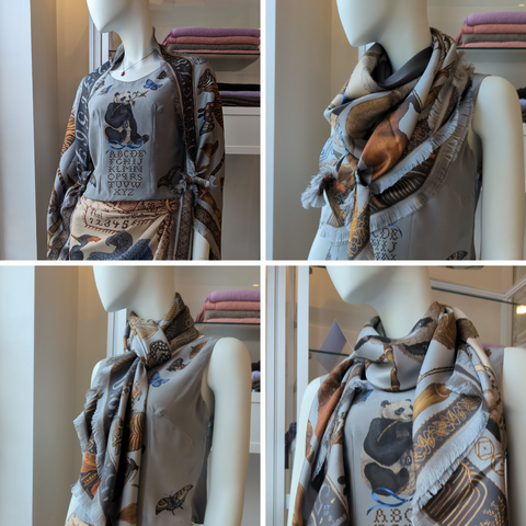 Image is a collage of four different ways of folding and styling a large silk scarf