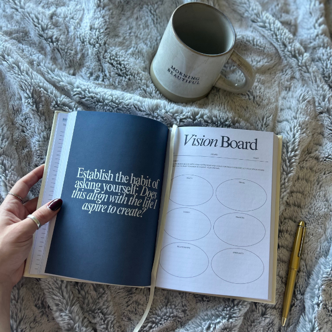 A vision board journal lies open on a cozy blanket beside a mug that reads “Morning Beautiful,” featuring a prompt asking, “Does this align with the life I aspire to create?”