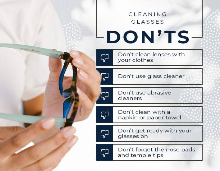 Detail shot of frames next to infographic of cleaning don'ts