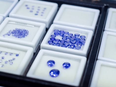 Tanzanite gemstones on display