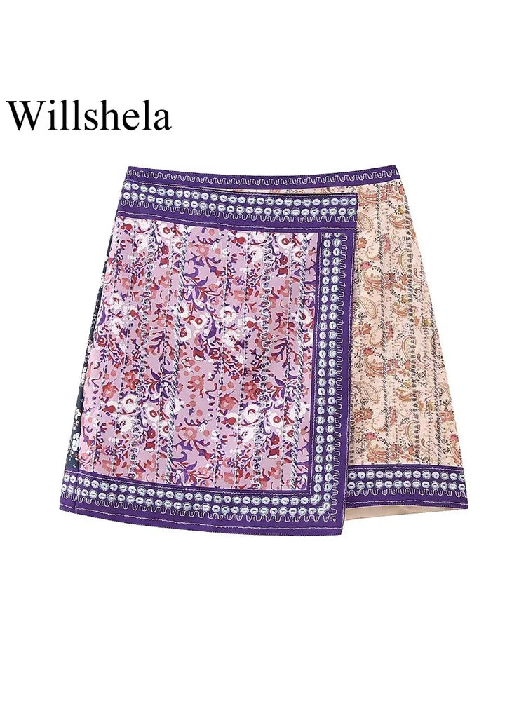 Willshela Women Fashion Printed Side Zipper Mini Skirt Vintage High Waist Asymmetrical Female Chic Lady Skirts