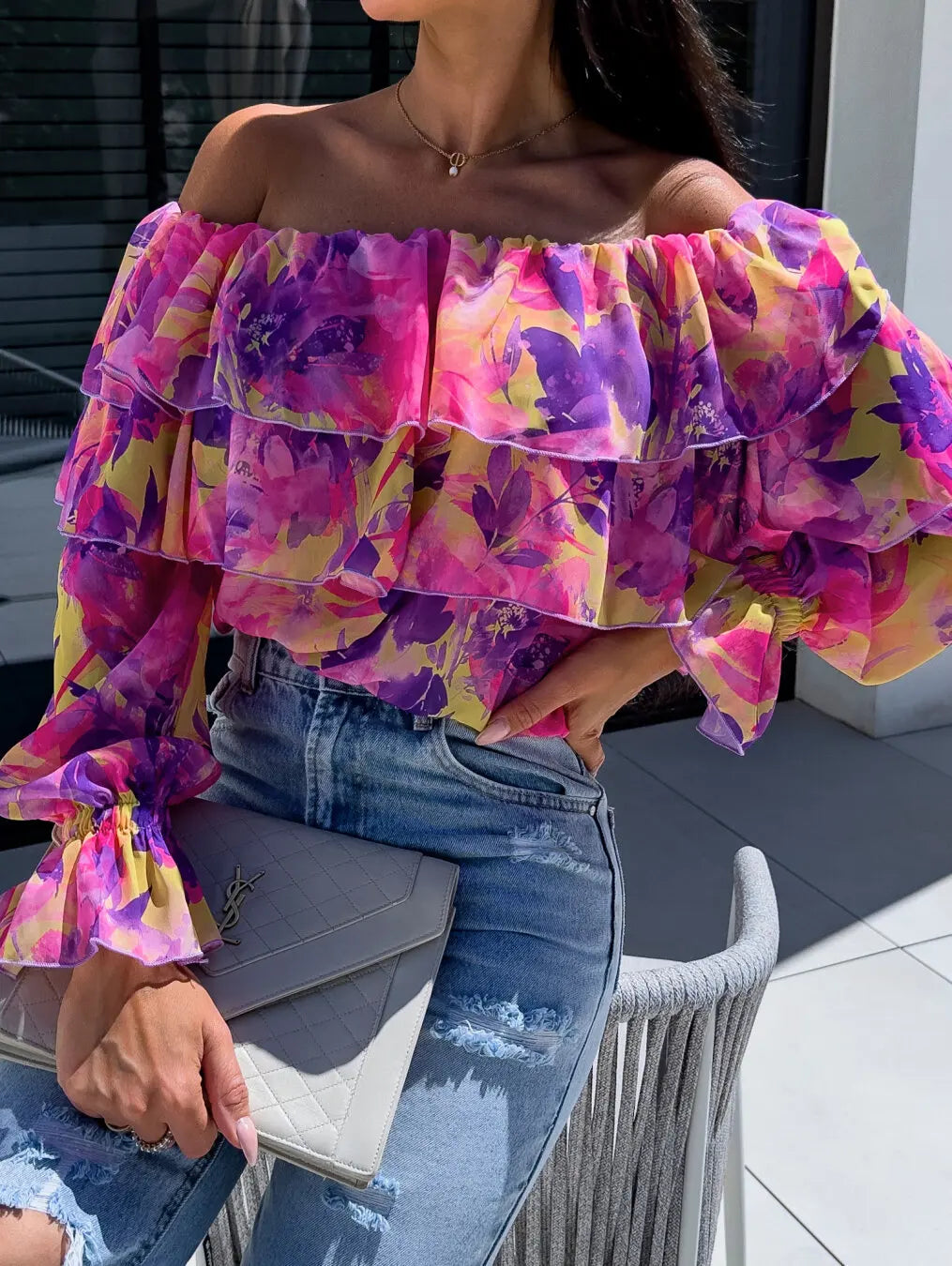 Summer Fashion Off Shoulder Printed Chiffon B LouseWomen Sexy