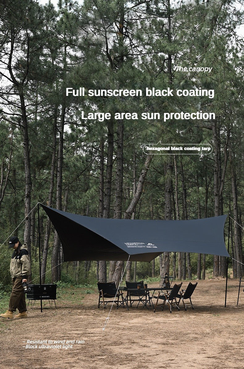 Black Coated Hex Butterfly Awning Anti-Ultra Violet Waterproof Tarp Camping Canopy Sun Shade Sail Shelter