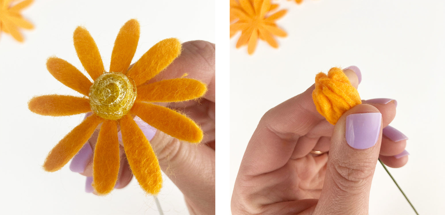 Pinching first petals around pom center