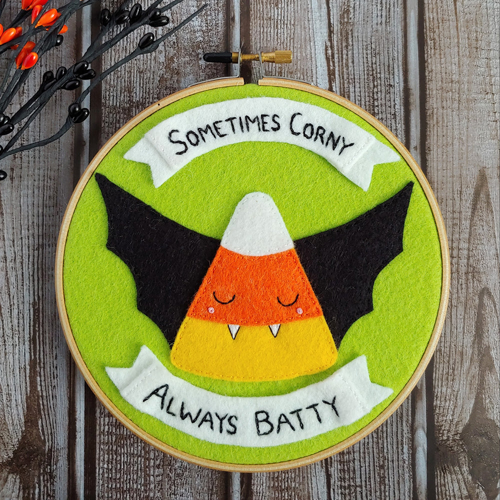 Finished candy corn embroidery hoop