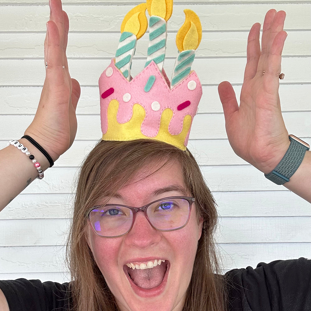 Jess modeling completed birthday cake crown