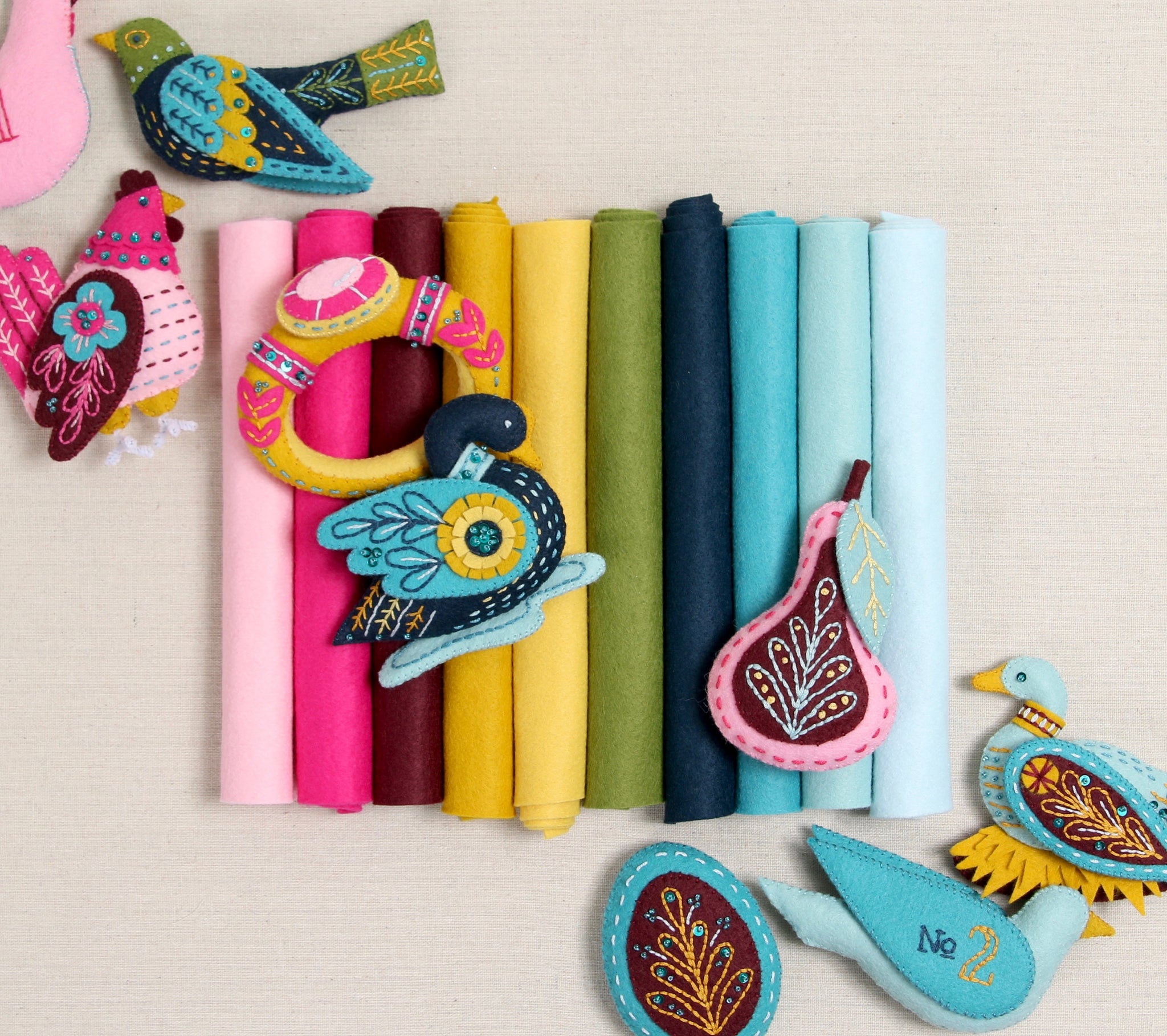 Set of 6 Handmade Felt Ornaments in Multicolor Palette - Merry