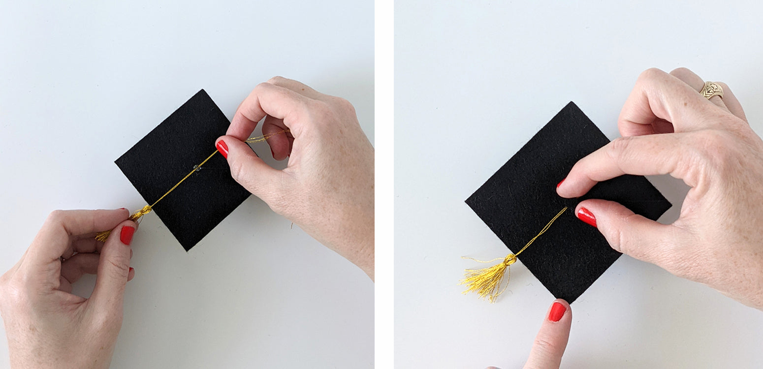 Gluing tassel and button to cap