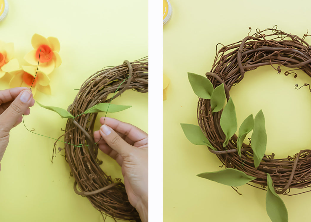 Adding leaves to wreath