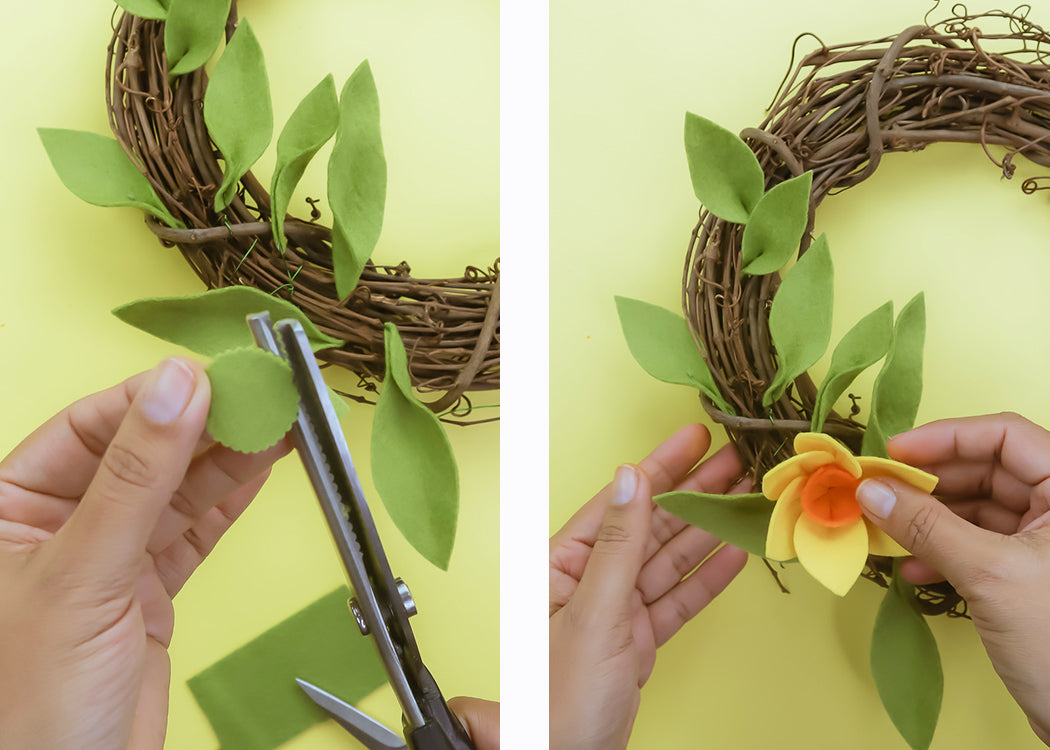 Adding daffodils to wreath