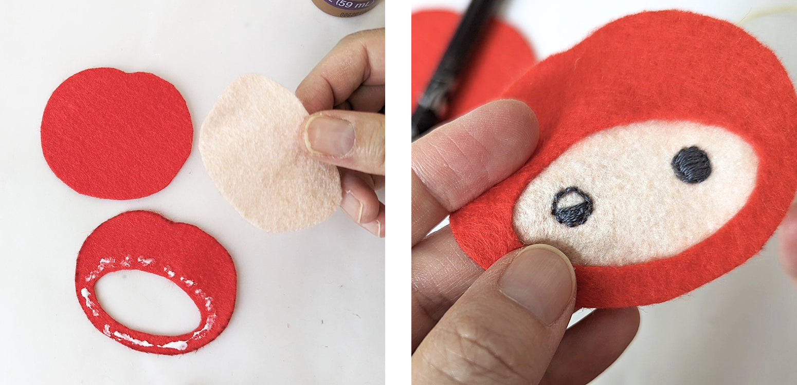 Stitching face details on cherry doll