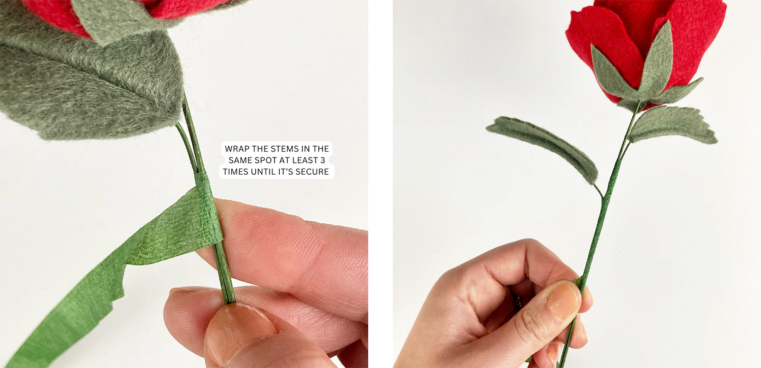 Wrapping rose and leaf stems