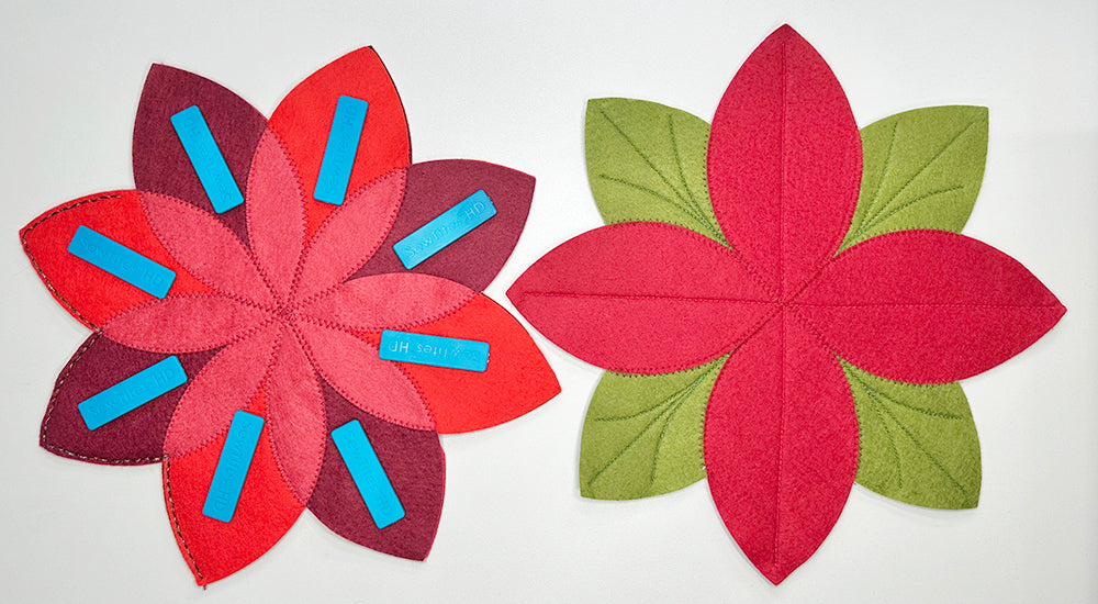 Adding decorative stitching to poinsettia blooms