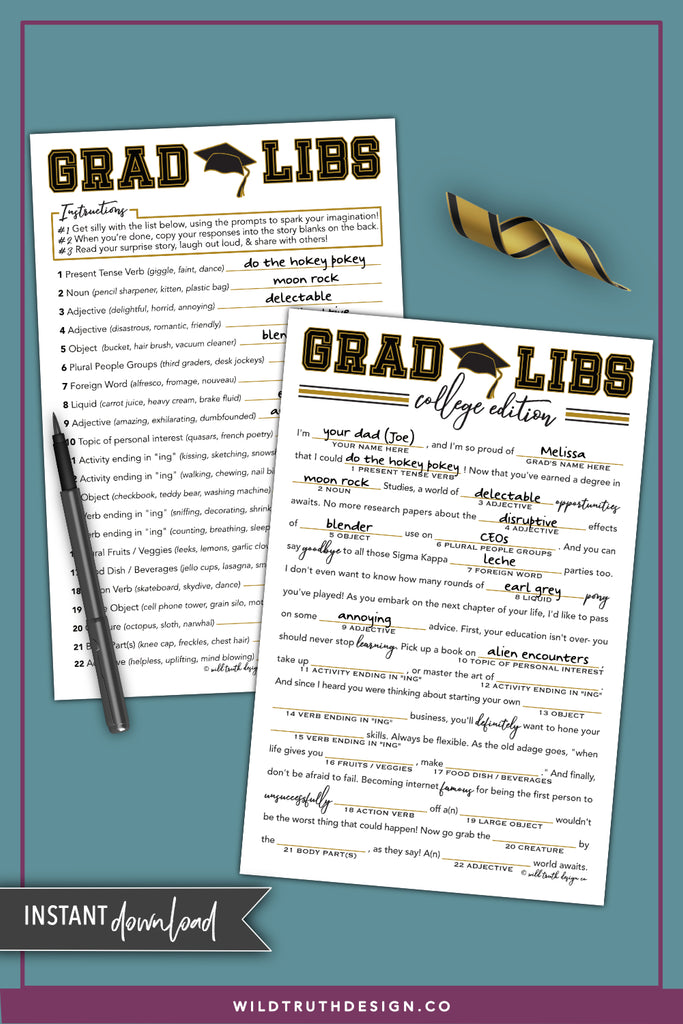 Grad Libs College Graduation Party Game (Printable Download) Wild