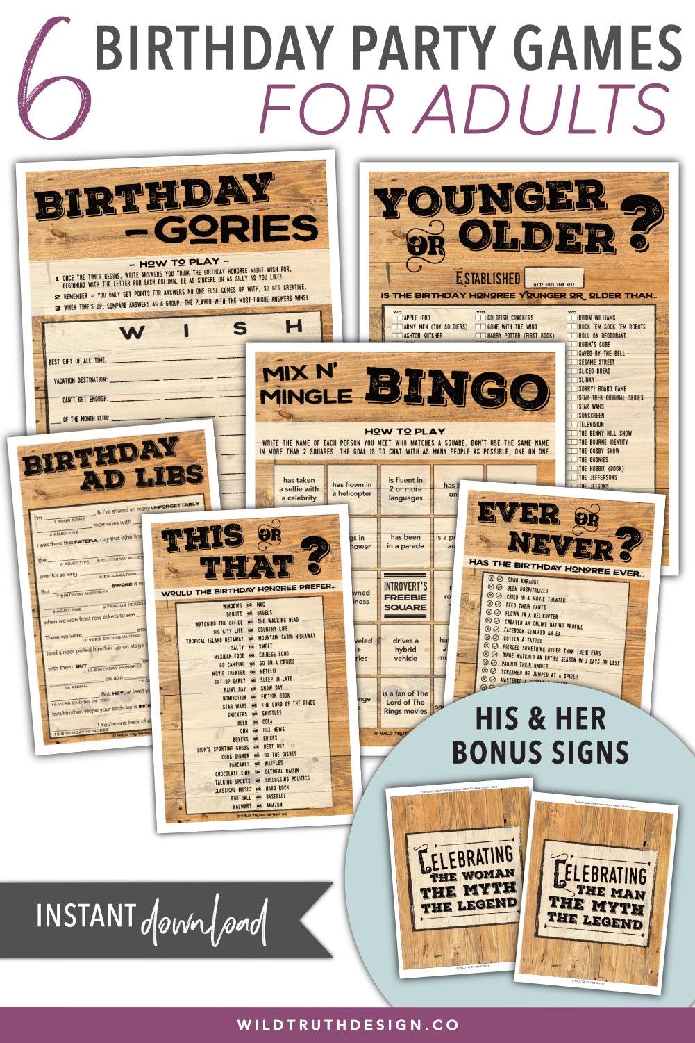 7pc printable birthday party paper games for men wood