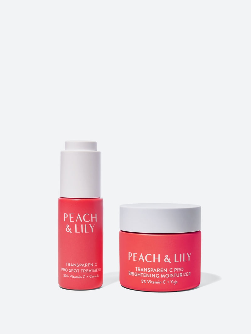 A jar of Peach & Lily Transparen-C Pro Brightening Moisturizer and a bottle of Peach & Lily Transparen-C Pro Spot Treatment