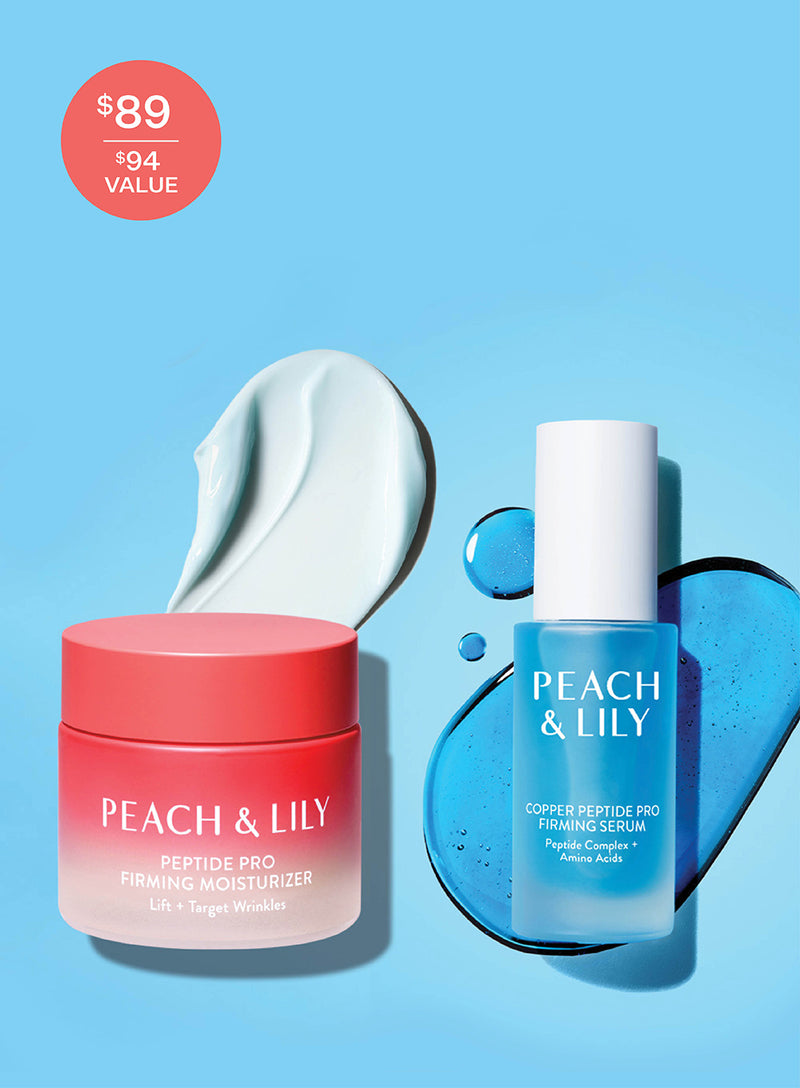 A jar of Peach & Lily Peptide Pro Firming Moisturizer and bottle of Peach & Lily Copper Peptide Pro Firming Serum, each lying on a dollop of the product and a highlight tag selling the firming skin care products featured for $89, a $94 value
