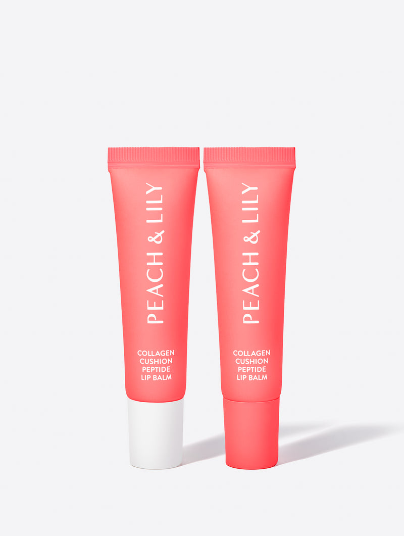 The tubes of Peach & Lily Sheer Peach and Clear Cushion Peptide and Collagen Lip Treatment