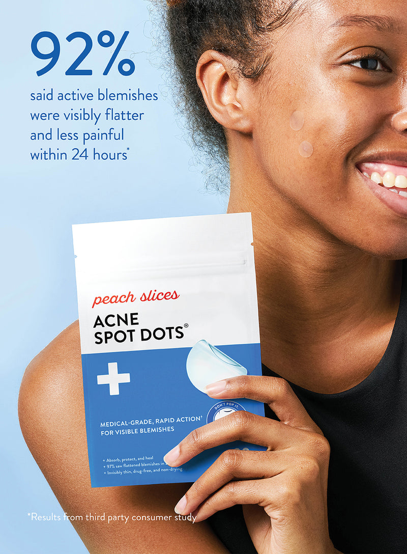 A young, smiling woman holding a package of Peach Slices Acne Spot Dots, wearing two on her cheek to show how the dots blend into the skin and a highlight from the results from a third party consumer study where 92% of participants said active blemishes were visibly flatter and less painful within 24 hours