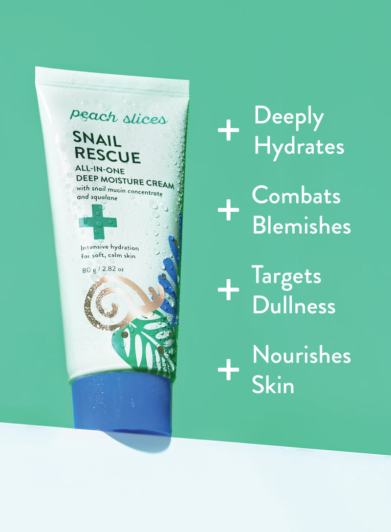 Highlighting qualities of Snail Rescue All-in-One Deep Moisture Cream such as deeply hydrating, combats blemishes, targets dullness, and nourishes skin