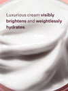 A poster for the Peach & Lily Transparen-C Pro Brightening Moisturizer highlighting how the luxurious cream visibly brightens and weightlessly hydrates