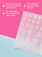 A sheet of Peach Slices Acne Spot Dots with various highlights of the product such as how the hydrocolloid thickness maximizes bacteria and gunk absorption, how the flat and breathable dots sit transparently under makeup, and how their serious strong grip secures patches overnight