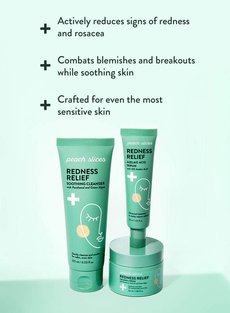 The cleanser, serum, and cream in the Redness Relief Trio lined up with the set's highlights including active reduction of signs of redness and rosacia, combat of blemishes and breakouts while soothing skin, and how they are crafted for even the most sensitive skin