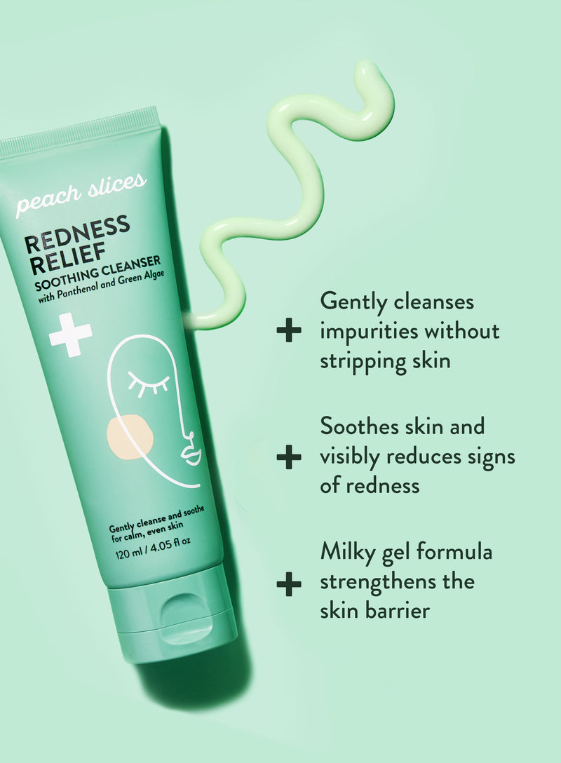  A bottle of Redness Relief Soothing Cleanser with various highlights of the product such as how it gently cleanses impurities without stripping skin, soothes skin and visibly reduces signs of redness, and how the milky gel formula strengthens the skin barrier