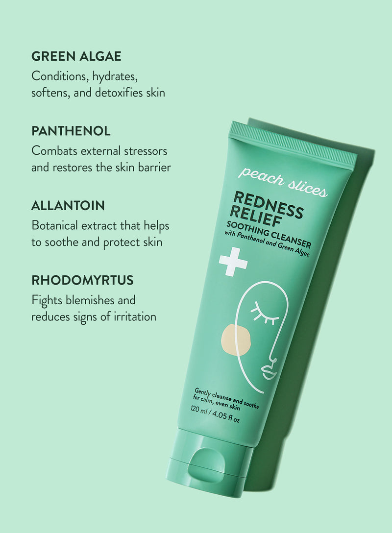 A bottle of Redness Relief Soothing Cleanser with various ingredient highlights of the product, such as green algae, panthenol, allantoin, and rhodomyrtus