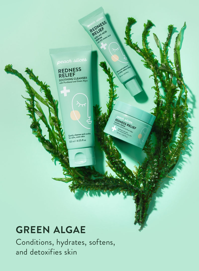 The three products featured in the Peach Slices Redness Relief Trio and strings of algae, highlighting the main ingredient of green algae which conditions, hydrates, softens, and detoxifies skin