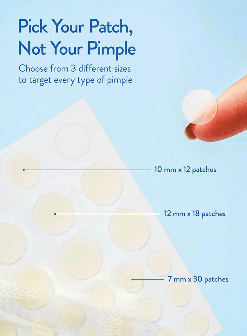 Someone peels a dot off of a sheet of Peach Slices Acne Spot Dots, showing off the different sizes: 18 patches of the 12 mm size, slightly smaller than a dime, 12 patches of the 10 mm size, half the size of a dime, and 30 patches of the 7 mm size, about a third the size of a dime