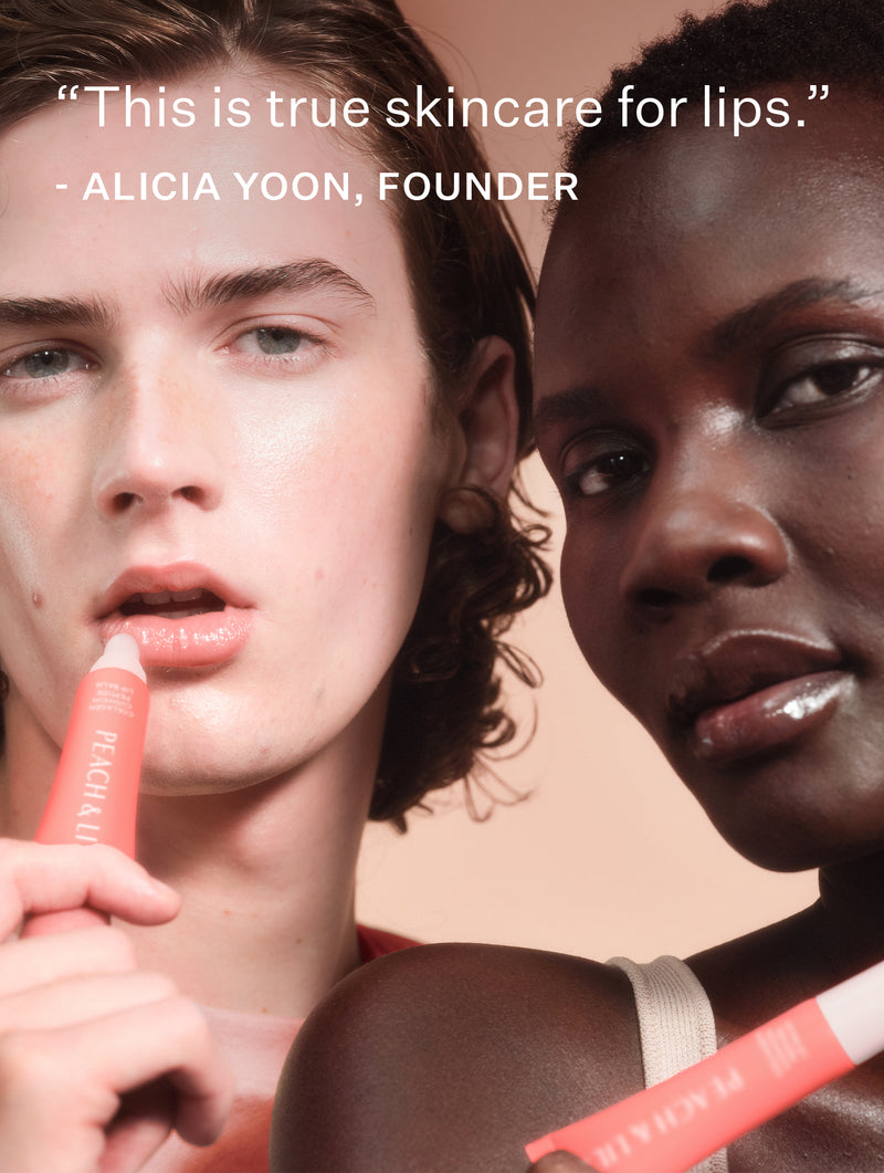 Two models applying collagen lip treatment with a quote from Alicia Yoon, Founder of Peach & Lily, saying “This is true skincare for lips”