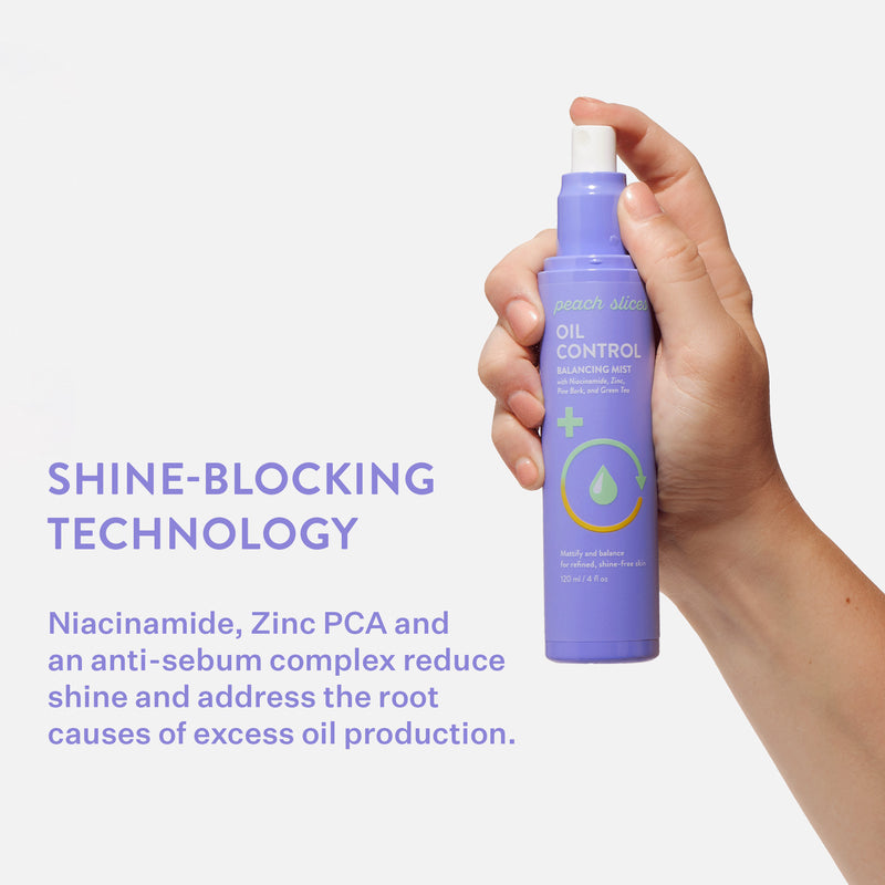 Someone holding a bottle of Peach Slices Oil Control Balancing Mist, highlighting the shine-blocking technology that reduces shine and addresses the root causes of excess oil production
