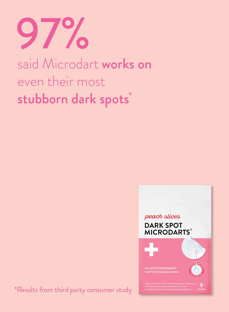 Peach Slices Dark Spot Microdarts with a heading from a third-party consumer study resulting in 97% saying the dark spot patches work on even their most stubborn dark spots