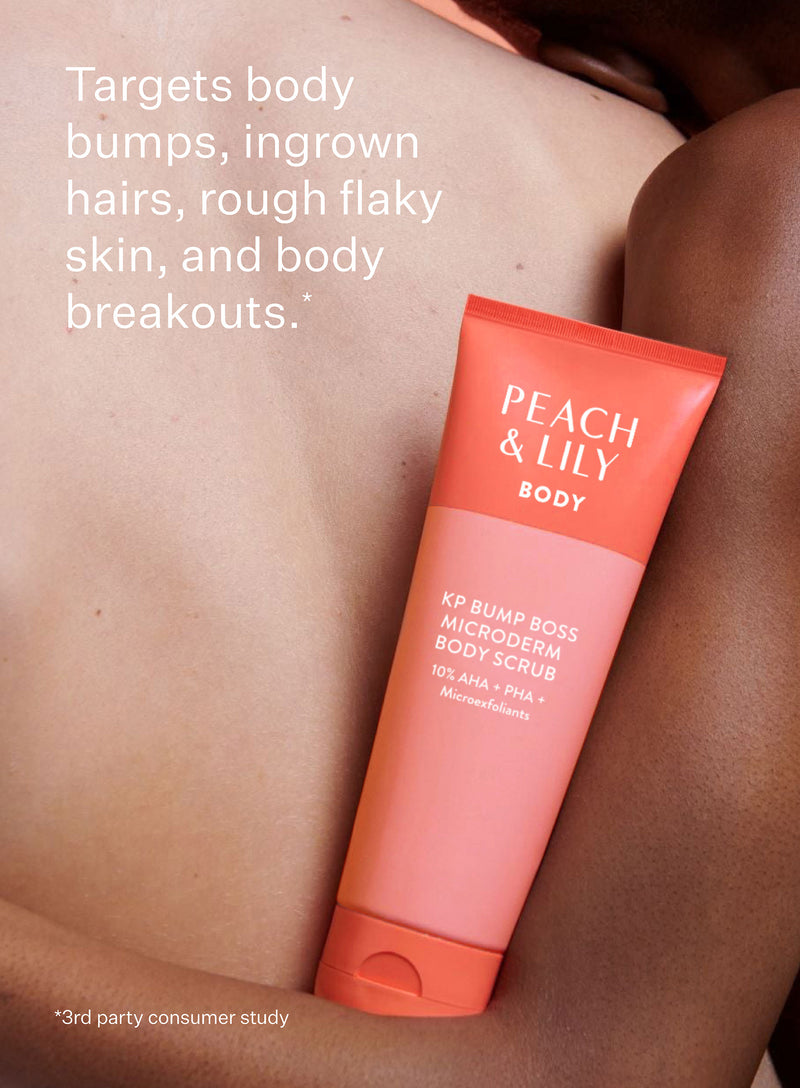 A bottle of KP Bump Boss Microderm Body Scrub on a pillow with the results from a 3rd party consumer study that found the product targets body bumps, ingrown hairs, rough flaky skin, and body breakouts