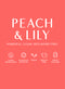 A Peach & Lily brand highlight card advertising the brand's attention to using clean and vegan ingredients while remaining clinically effective and their focus on remaining cruelty free and earth focused