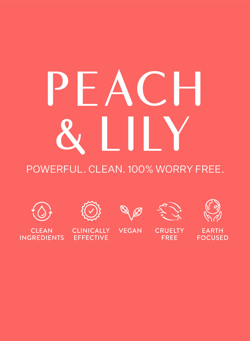 A Peach & Lily brand highlight card advertising the brand's attention to using clean and vegan ingredients while remaining clinically effective and their focus on remaining cruelty free and earth focused