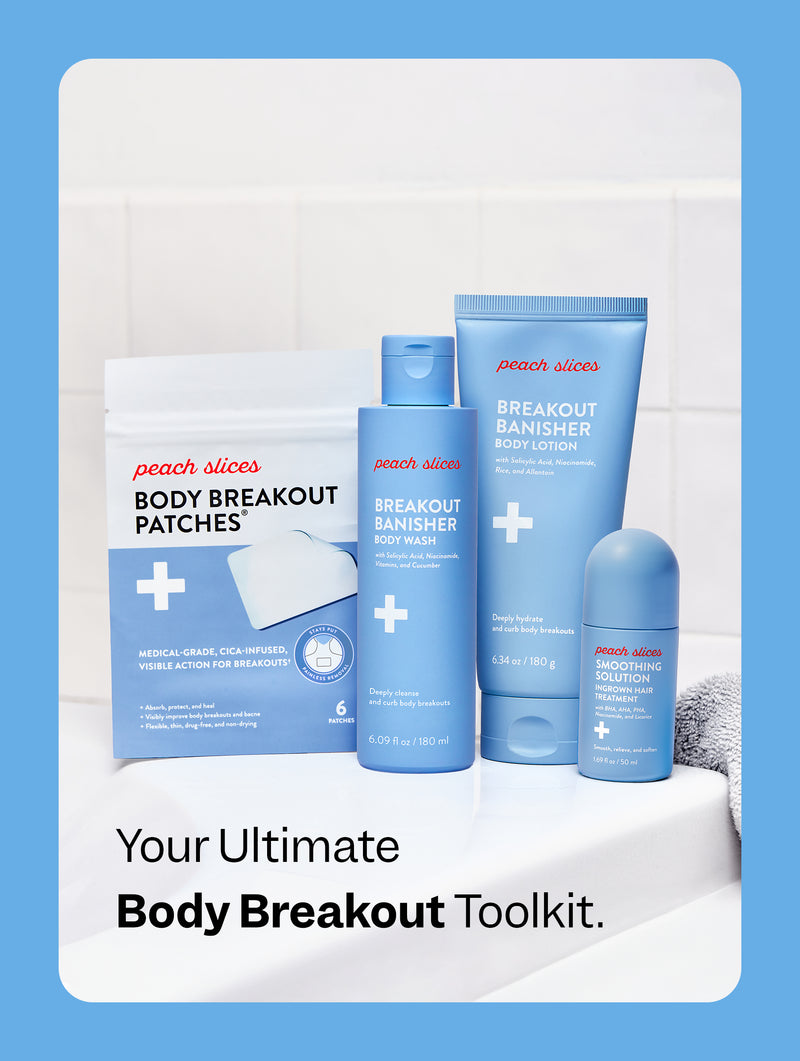 Peach Slices Body Breakout Toolkit: includes patches, body wash, Body Acne Lotion, and mist