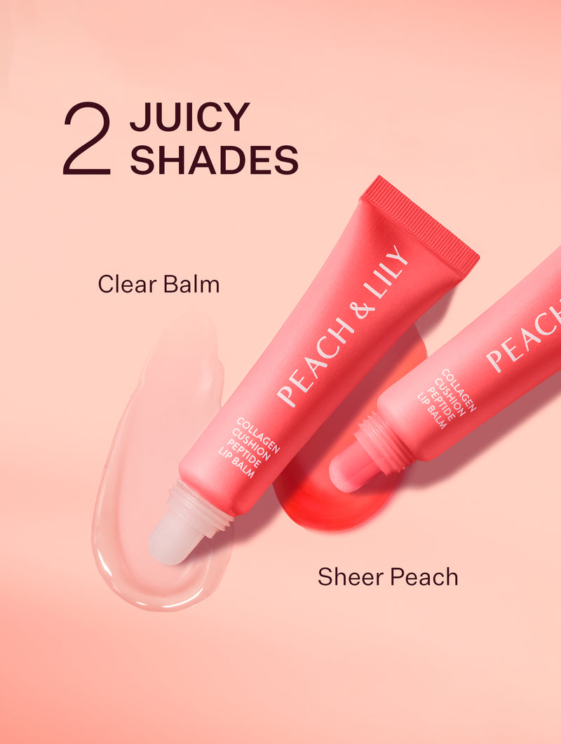 The Peach & Lily Collagen Cushion Peptide Lip Balm Duo next to one another, showing how the clear balm is translucent compared to the peachy-pink shade of the peach balm