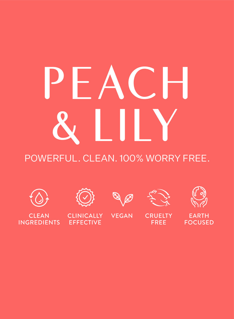A highlight card for Peach & Lily Products which highlights various features such as their use of clean, vegan ingredients, clinical effectivity, cruelty-free process, and earth-focused vision