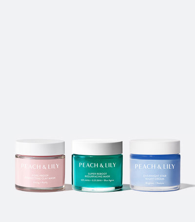 The three featured products in Peach and Lily's Face masks for Acne-Prone Skin: the Super Reboot Resurfacing Mask, Pore Proof Perfecting Clay Mask, and Overnight Star Sleeping Mask