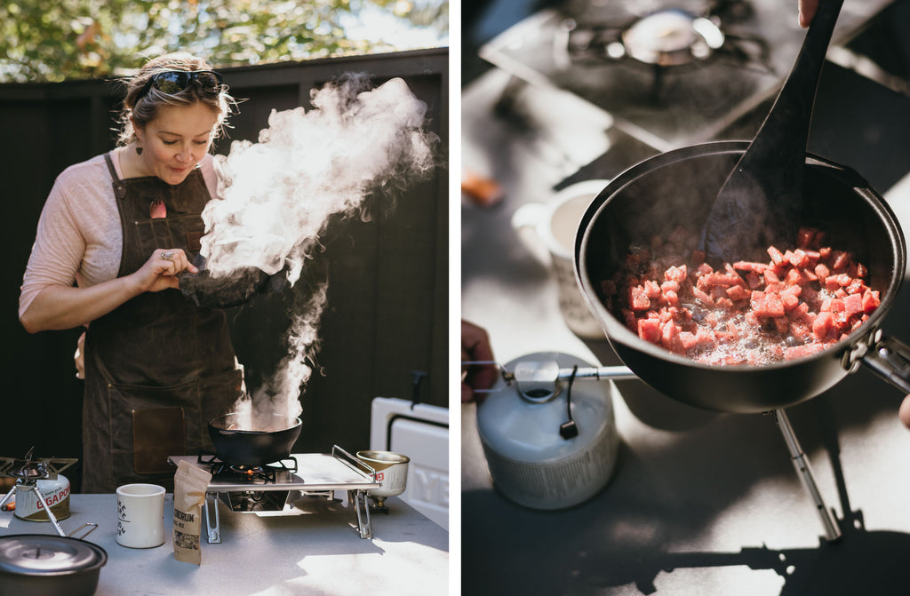 Writer, Charlotte Austin, Winston Apron, Stay wild expo, portland, cooking demonstration, backpacking cooking, adventure, snow peak, Muir Energy