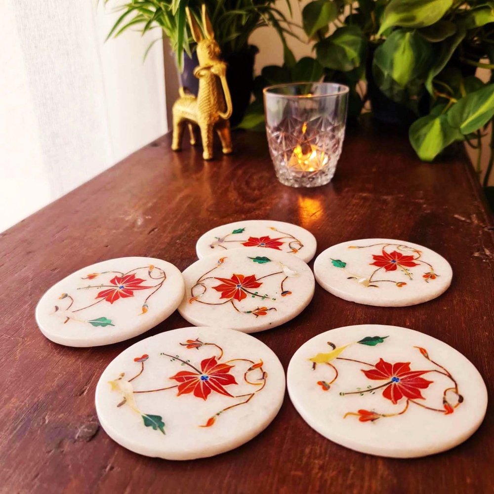 Marble Coaster Set with Red Inlay| Set of 2/6 | Handcrafted In India