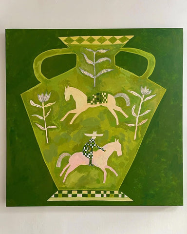 An acrylic painting of a big green pot with horses on it by artist and painter Mathilda Mai